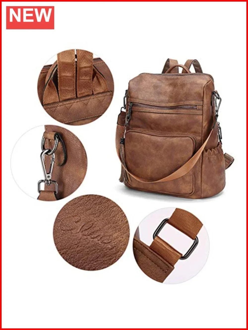 Large PU Leather Convertible Backpack Purse with Tassel for Travel